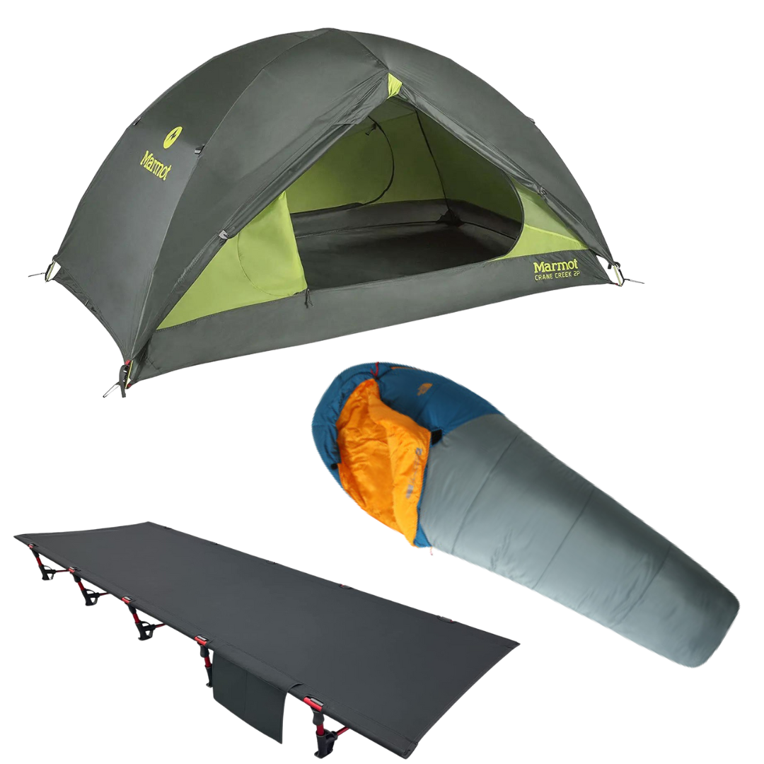 Fall camping gear package with tent, sleeping bag, and cot