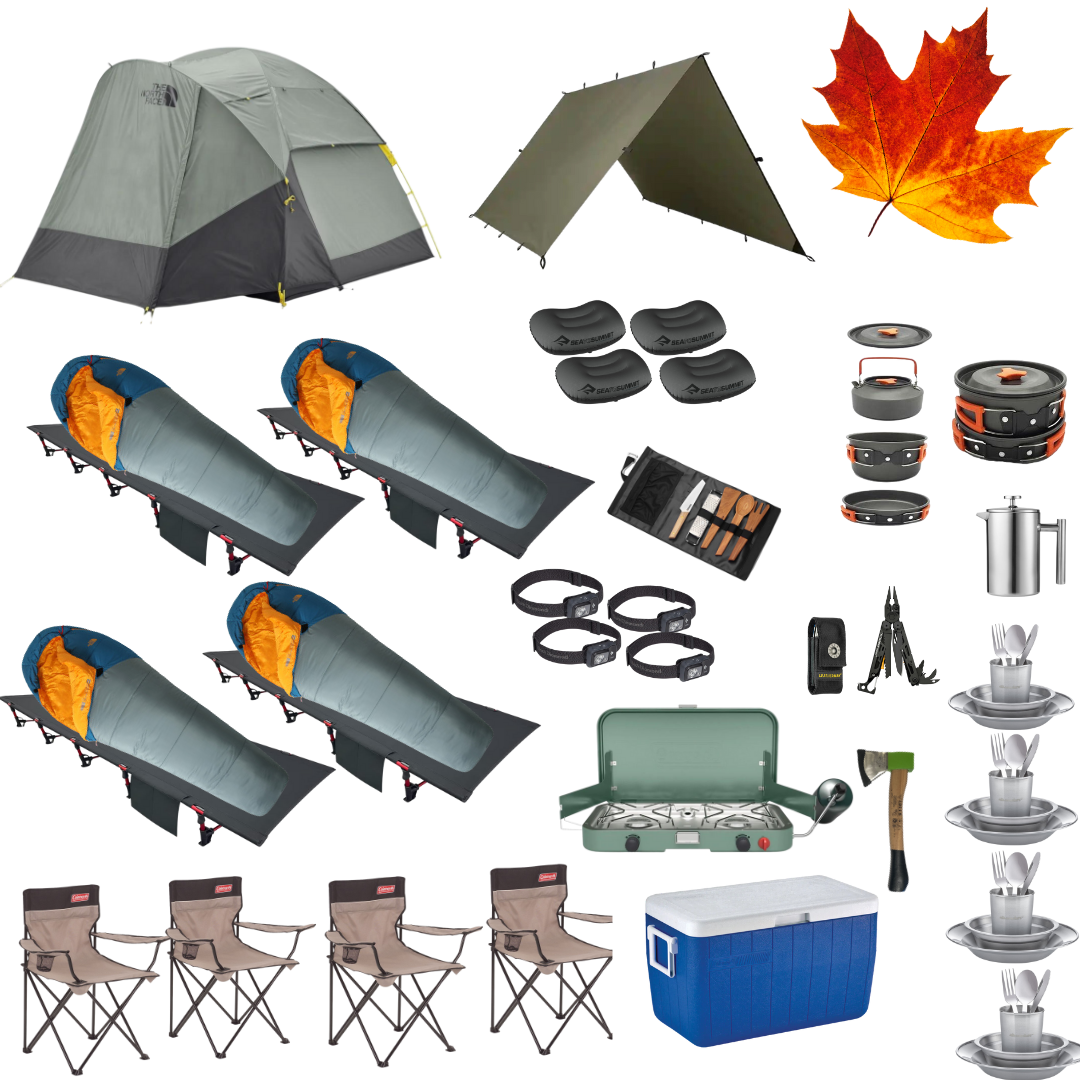 Complete fall camping package for four with tent, cots, sleeping bags, and cooking gear