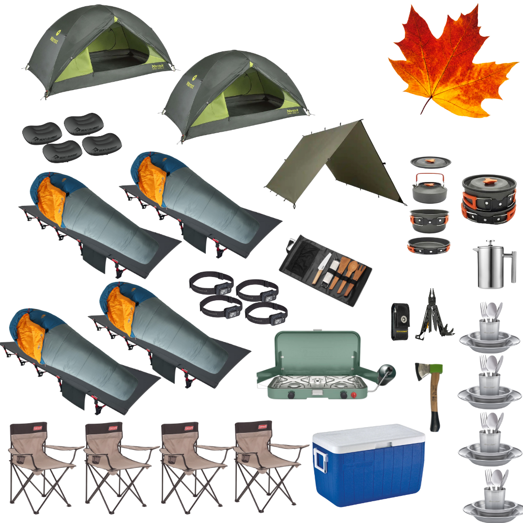 Complete fall camping package for four with two tents, cots, sleeping bags, and cooking gear