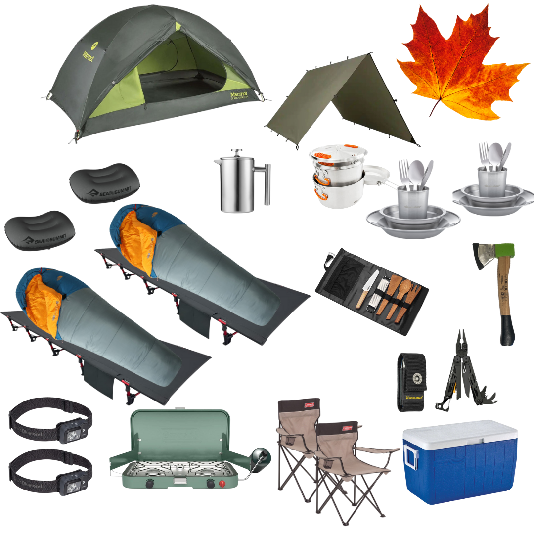 Complete fall camping package for two with tent, cots, sleeping bags, and cooking gear