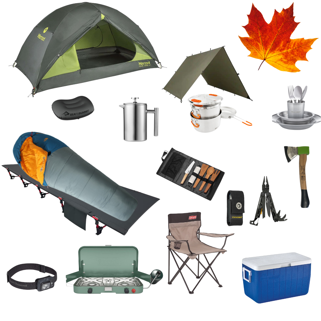 Complete fall camping package for one with tent, cot, sleeping bag, and cooking gear