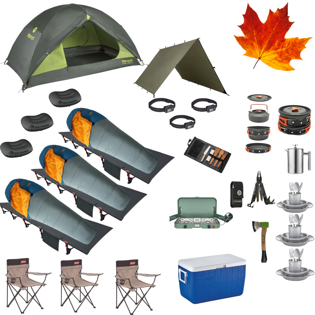 Complete fall camping package for three with tent, cots, sleeping bags, and cooking gear