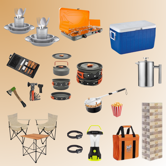 Stove, games, cooler, cookware, chairs