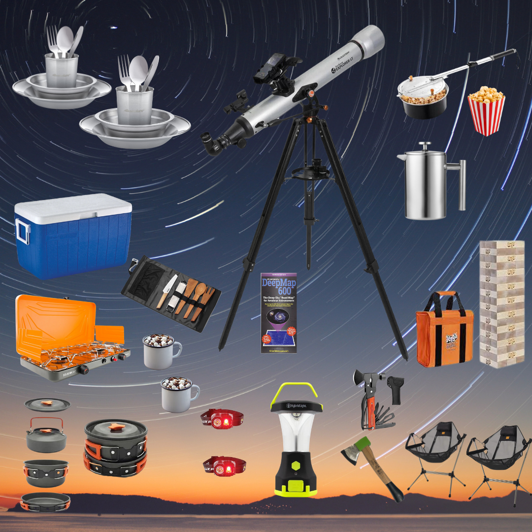 Telescope, games, cooler, cookware, chairs
