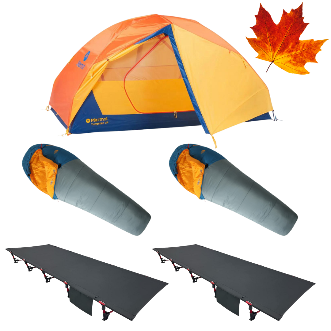Minimalist Duo fall camping package with tent, two cots, and sleeping bags