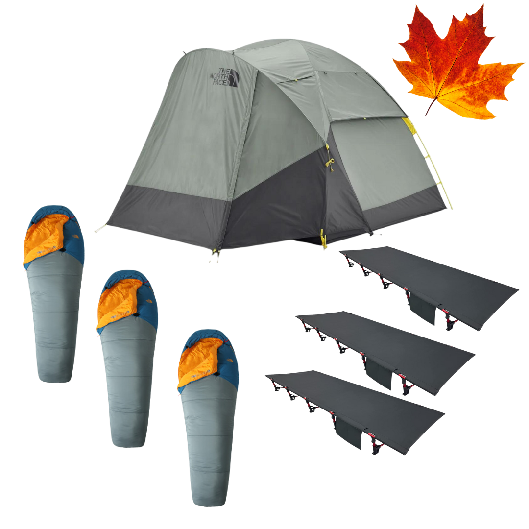 Minimalist Trio fall camping package with tent, three cots, and sleeping bags