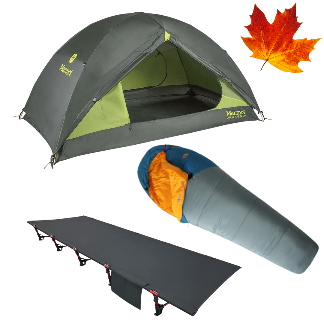 Fall camping gear package with tent, sleeping bag, and cot