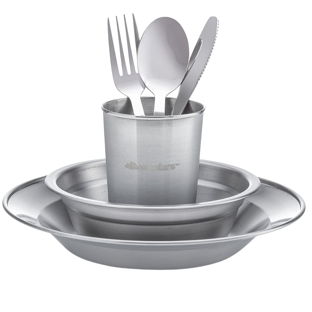 Plate, bowl, cup, fork, spoon, knife