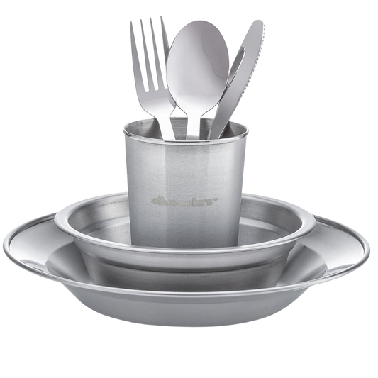 Plate, bowl, cup, fork, spoon, knife