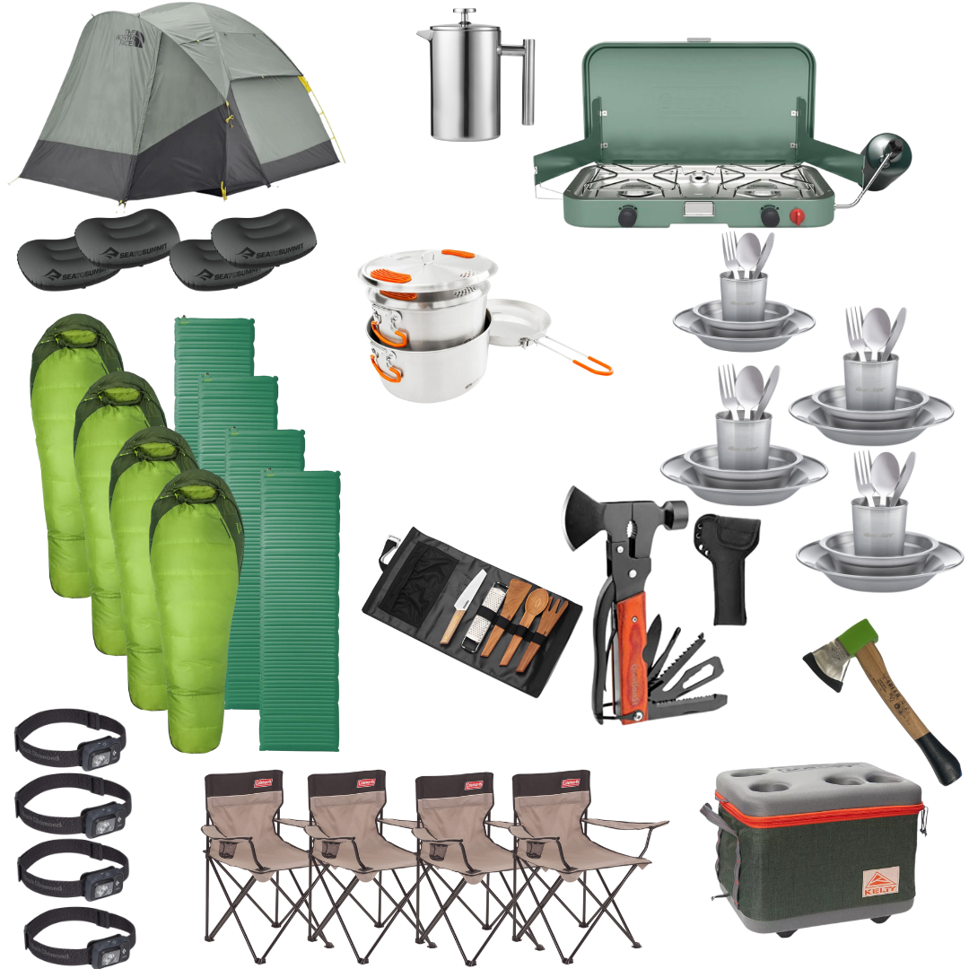 Camping Package for Four. 4 Sleeping bags and pads, tent, chairs, stove