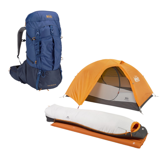 Backpack, lightweight backpacking tent, sleeping bag and pad