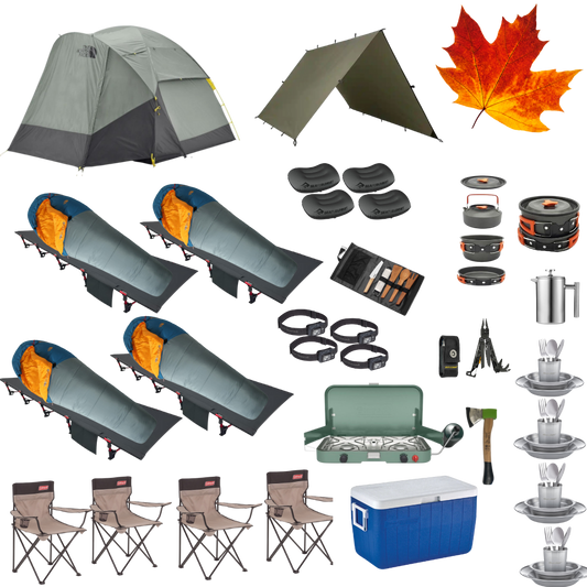 Complete fall camping package for four with tent, cots, sleeping bags, and cooking gear