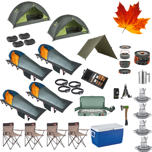Complete fall camping package for four with two tents, cots, sleeping bags, and cooking gear