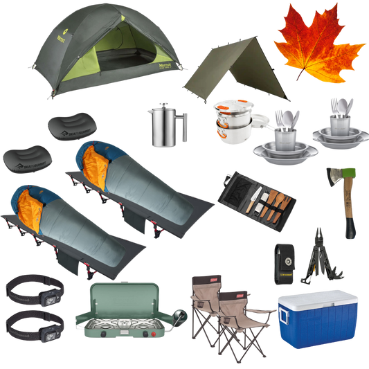 Complete fall camping package for two with tent, cots, sleeping bags, and cooking gear