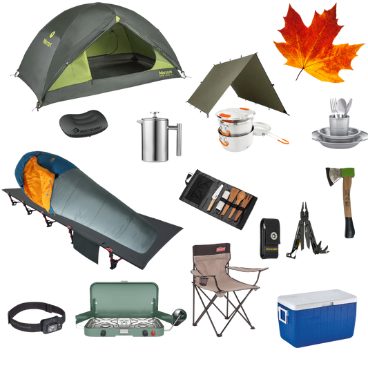 Complete fall camping package for one with tent, cot, sleeping bag, and cooking gear