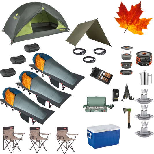 Complete fall camping package for three with tent, cots, sleeping bags, and cooking gear