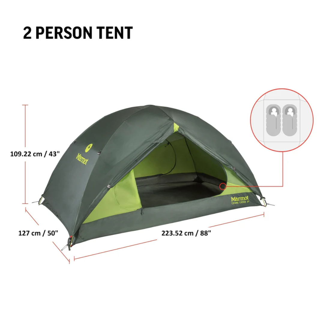 Green two-person tent with dimensions and Marmot logo on a white background