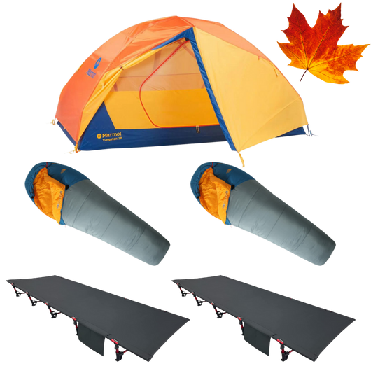 Minimalist Duo fall camping package with tent, two cots, and sleeping bags