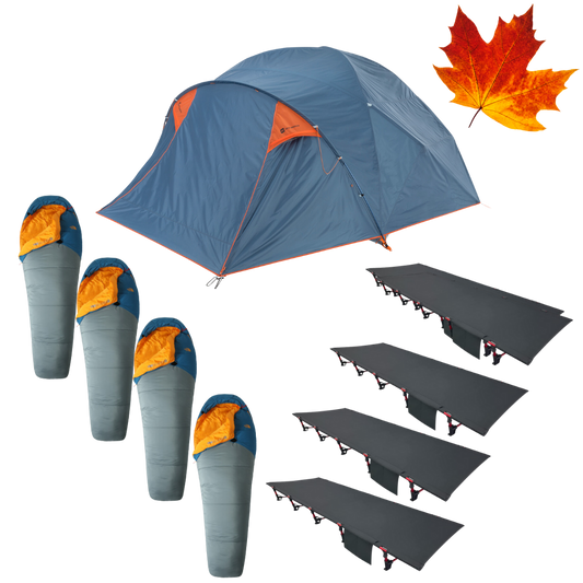 Minimalist Quartet fall camping package with tent, four cots, and sleeping bags