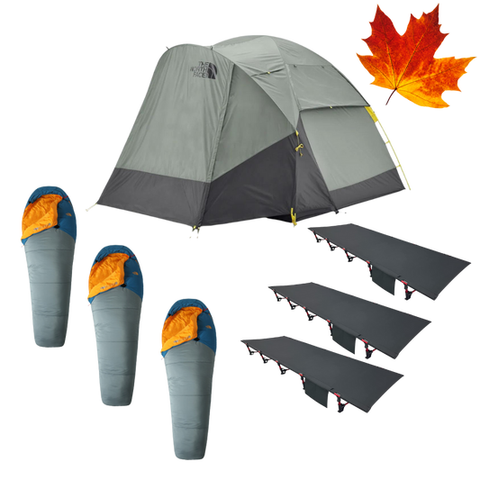 Minimalist Trio fall camping package with tent, three cots, and sleeping bags