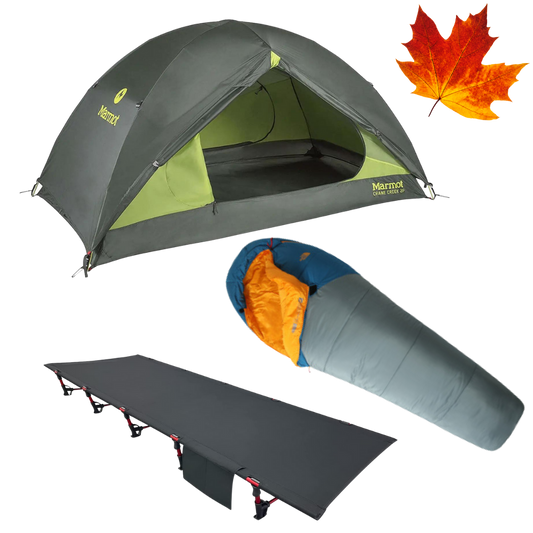 Fall camping gear package with tent, sleeping bag, and cot