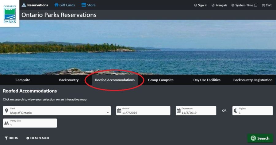 Screen capture of Ontario Parks Reservations website with a focus on 'Roofed Accommodations' section.
