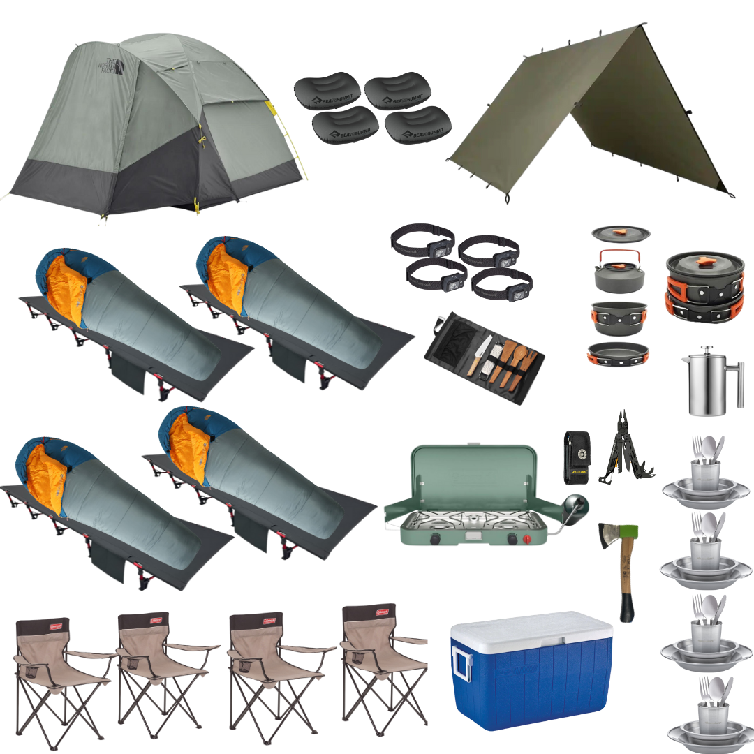 Camping Package for Four. Sleeping bags and cots, tent, chairs, stove